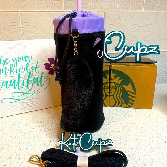 SOLD OUT ** Starbucks Black Cat w/Fluffy Tail Tumbler Bag - Picture 4 of 11